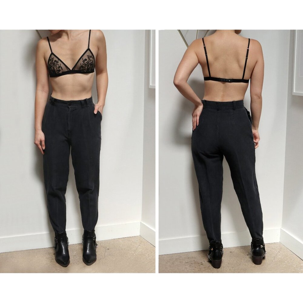 Vintage 90s Light Black Denim Stirrup Pants, Women's Small, Minimal Style, Taper